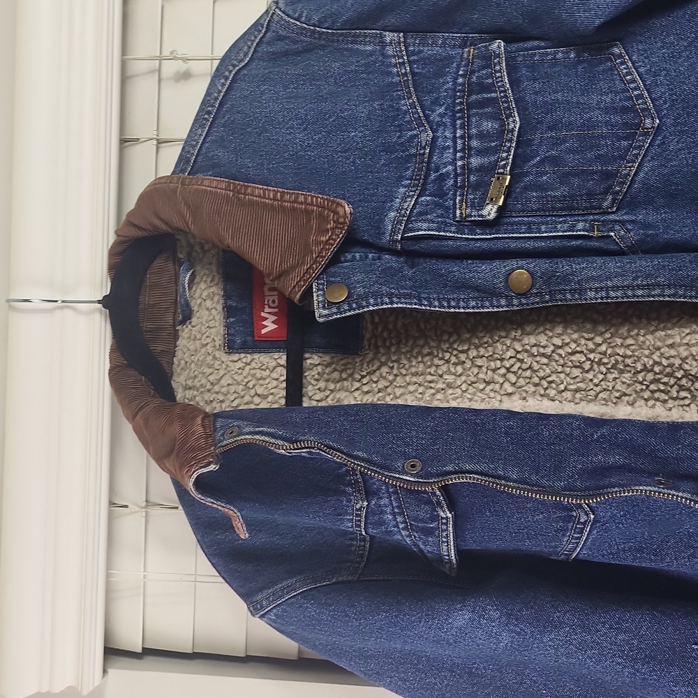 VINTAGE WRANGLER SHERPA LINEN DENIM JACKET WITH CORDUROY COLLAR MENS. Size M - Picture 8 of 11